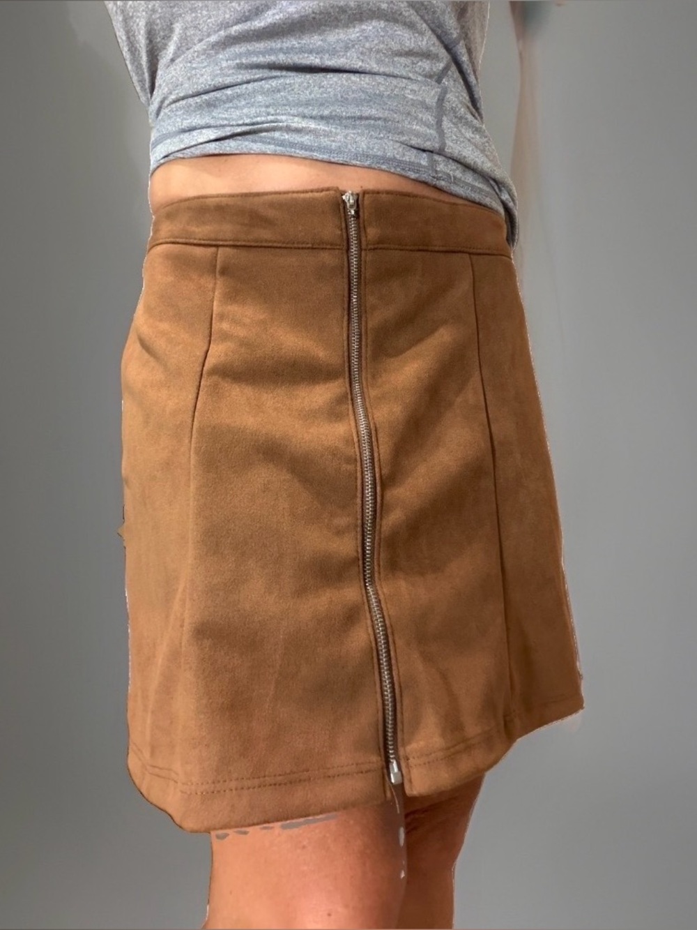Womens Suede Skirt Size M Altar’d State Caramel Brown Mini Short Zip Up New